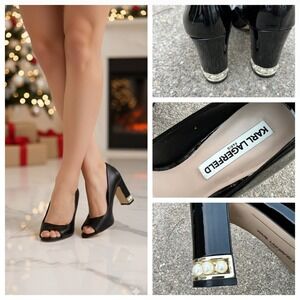Karl Lagerfeld Paris Black Patent Leather Peep Toe Block Heel Pearl Holiday Sz 7